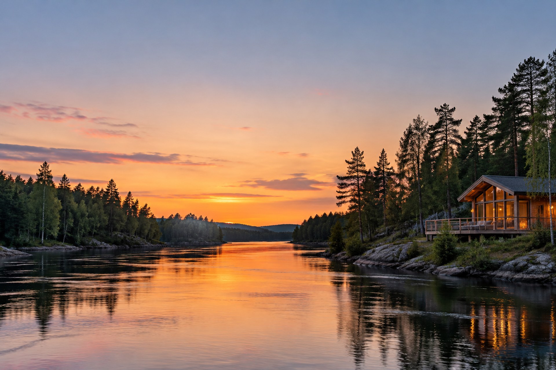 Quiet river at dusk with silhouetted trees on both banks