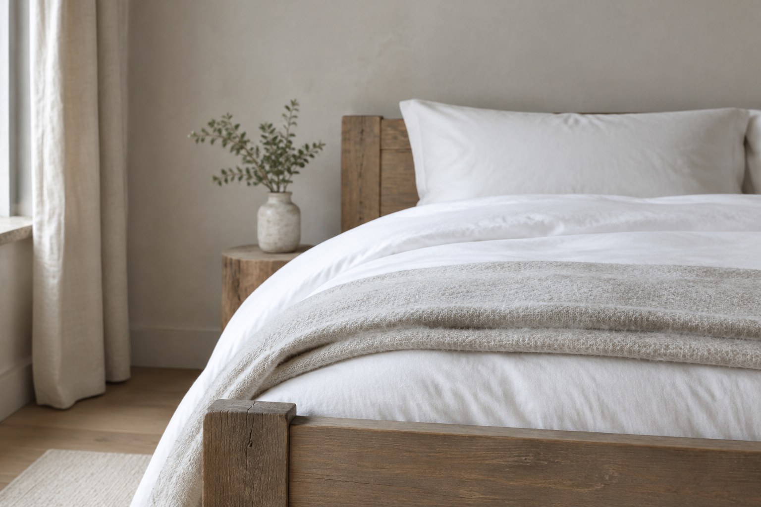 Close detail of crisp white bed linen folded over a timber bed frame