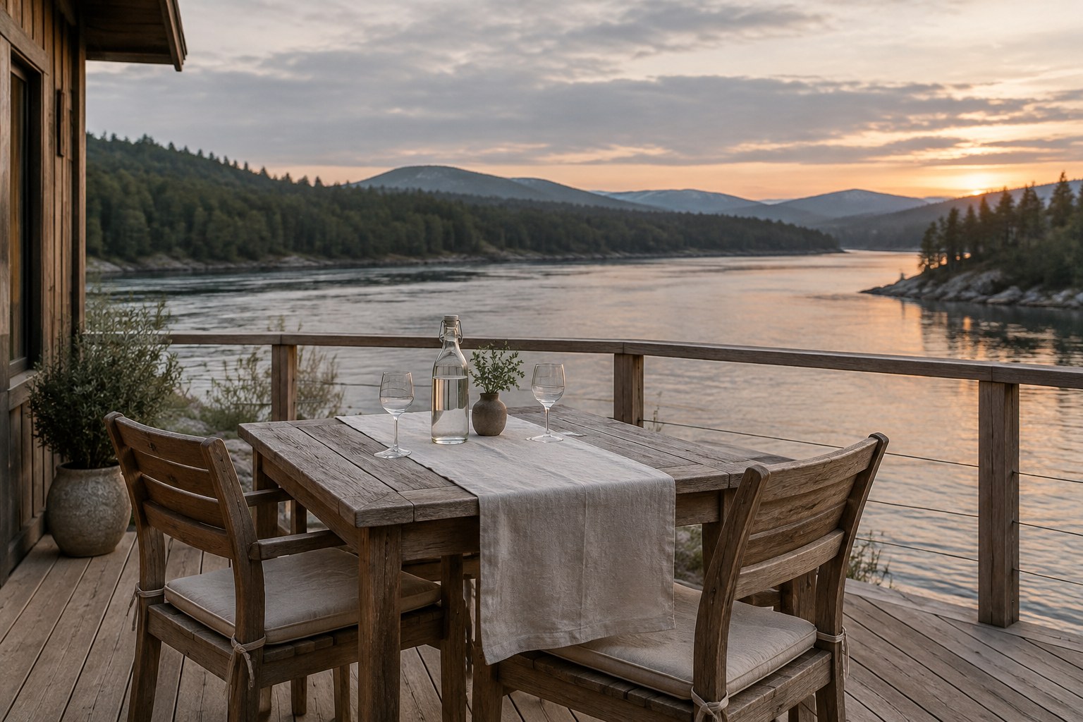 Table for two laid simply on a lodge deck beside the river
