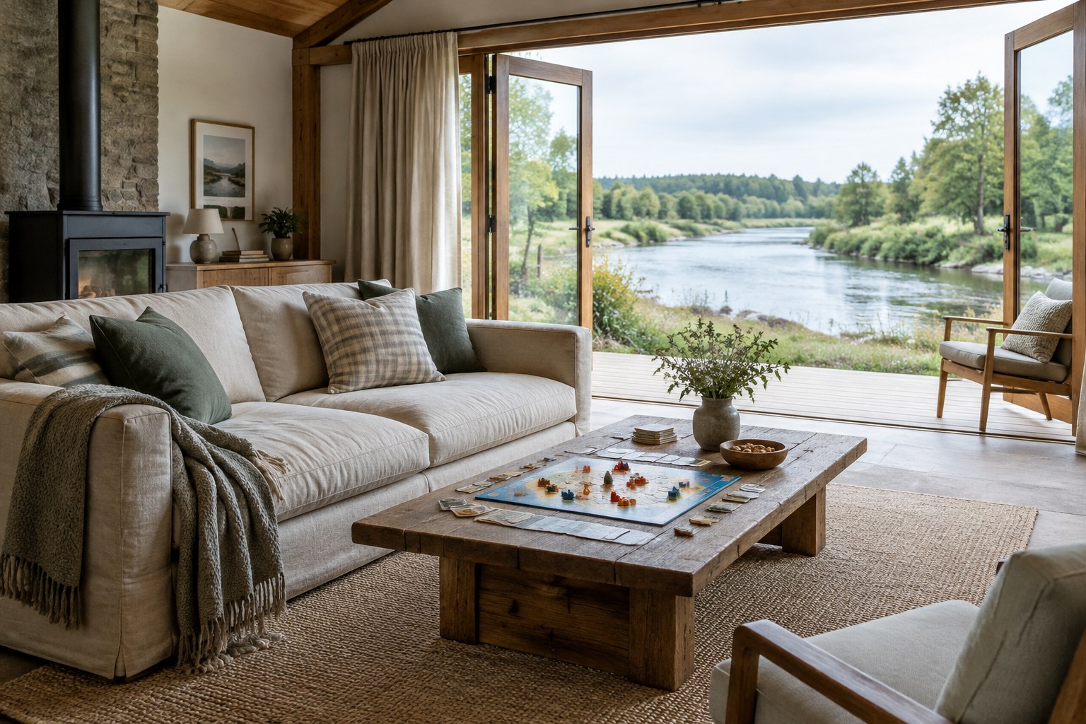 Spacious lodge living space set up for a family stay