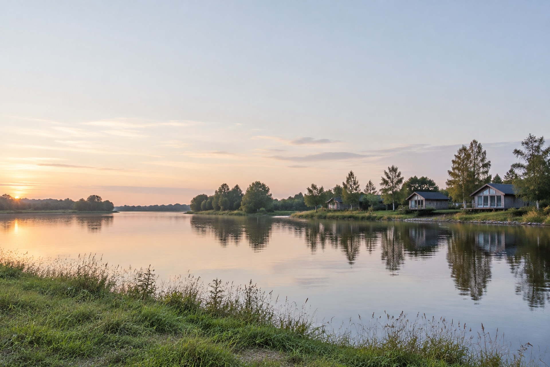 Calm river at first light with soft reflections of trees