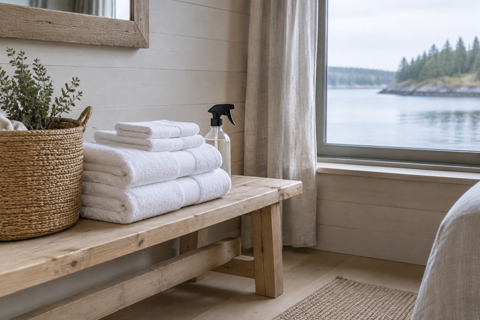 Folded white towels stacked on a bench beside a woven basket