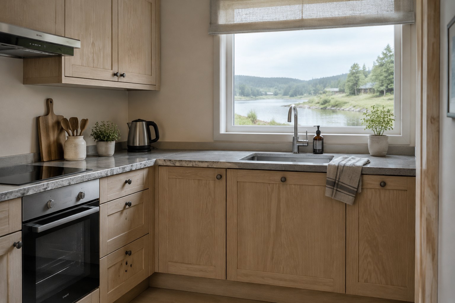 Compact well-kept kitchen corner with pale timber cabinets