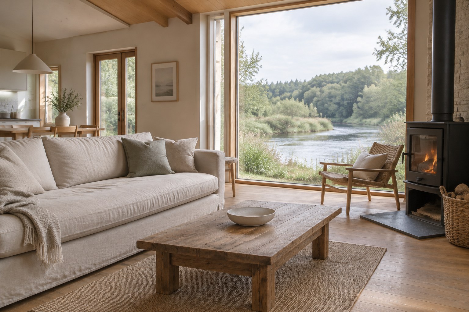 Open-plan lodge living space with a sofa and a wood-burning stove