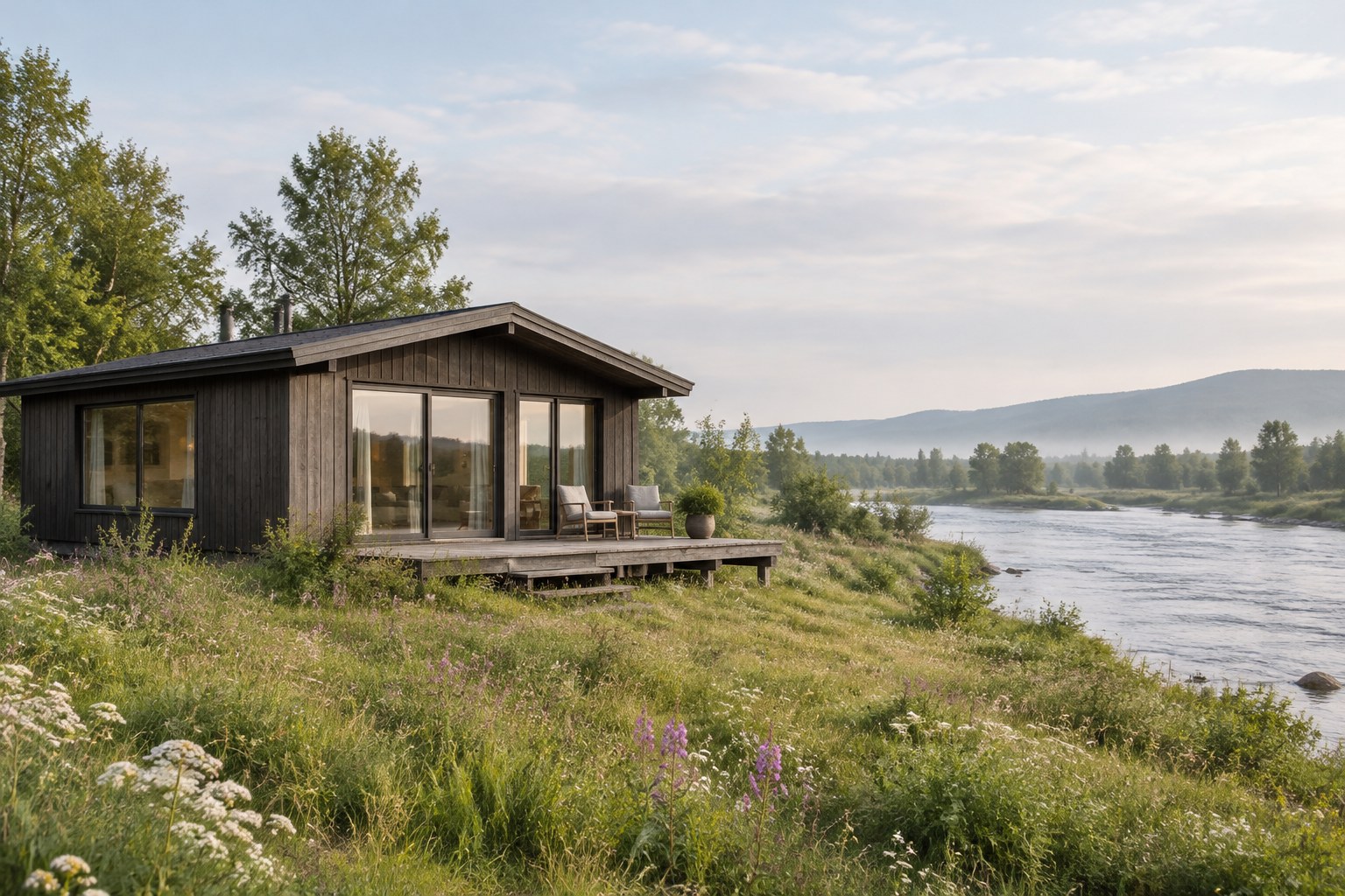 Detached timber holiday lodge standing in a riverside meadow