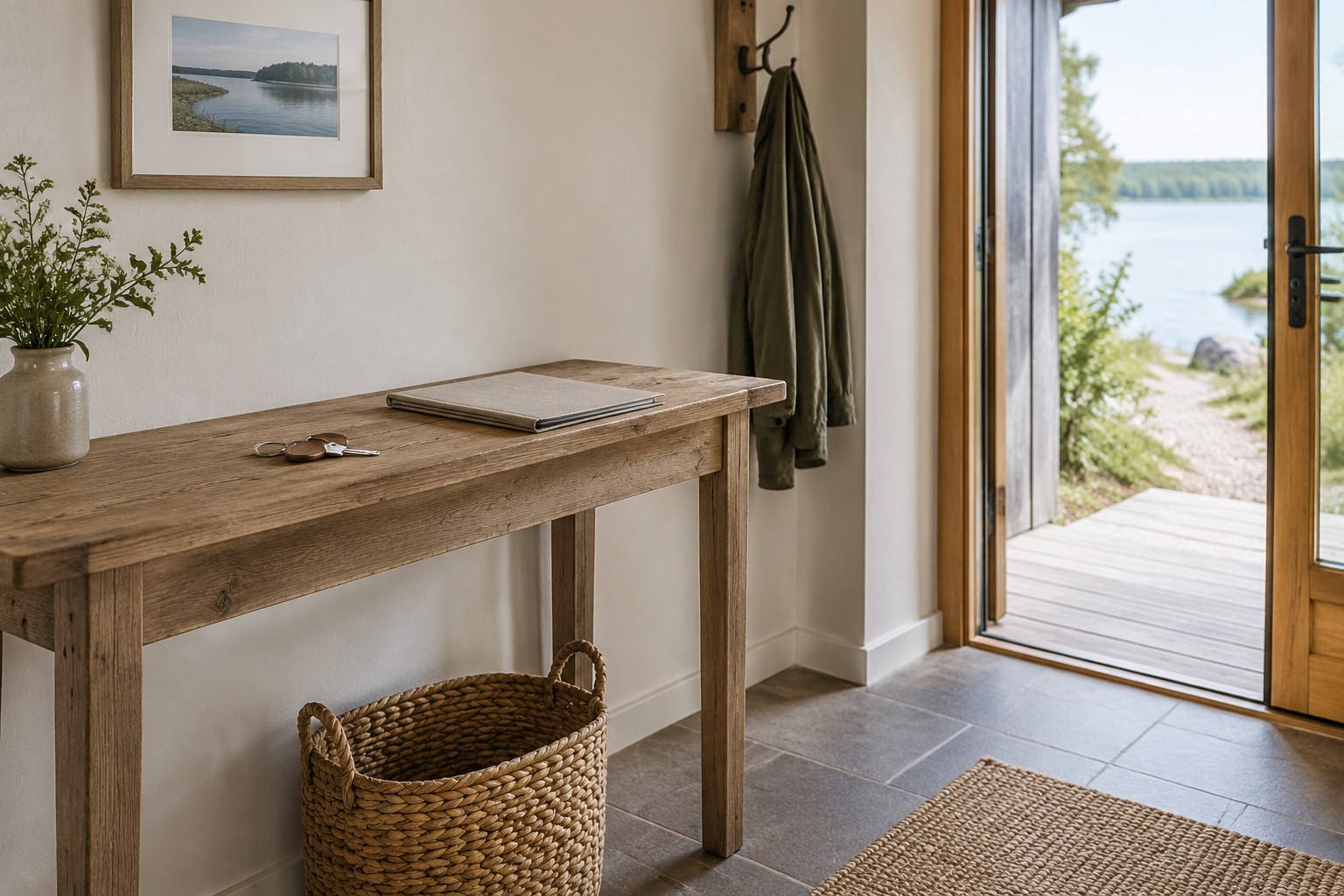 Plain timber console table with a key fob and a folder at a lodge entrance