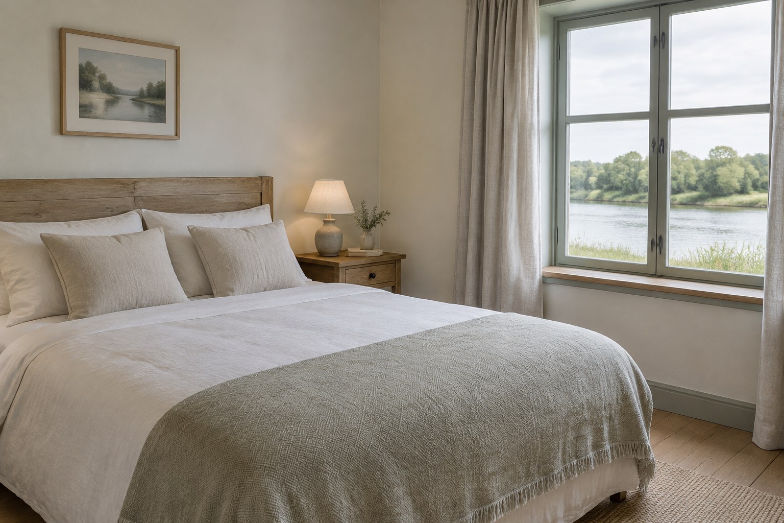 Furnished guest bedroom with pale linen and a window onto green