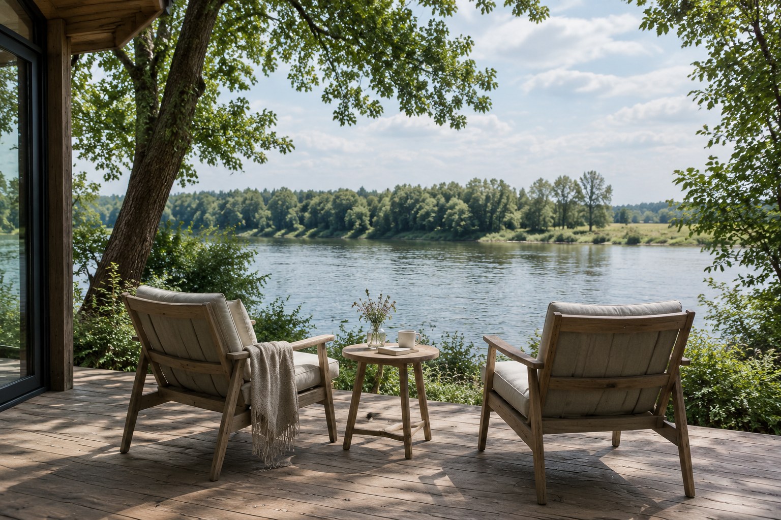 Private timber deck with two chairs looking out over the water