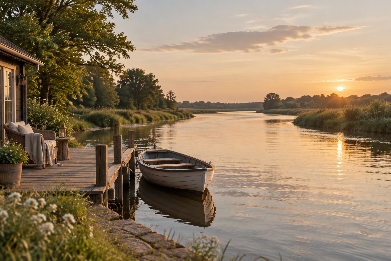 River bend at golden hour with a small boat at a timber landing stage